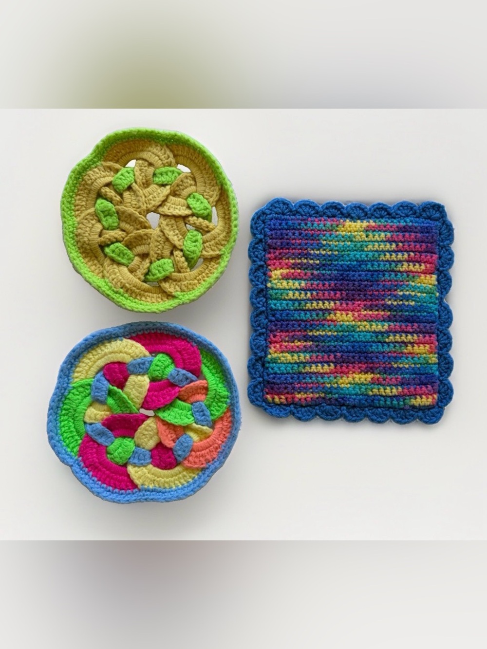 Vintage Handmade Crochet Potholder Hot Pad Trivet Lot of 3 Grandmacore Rainbow
